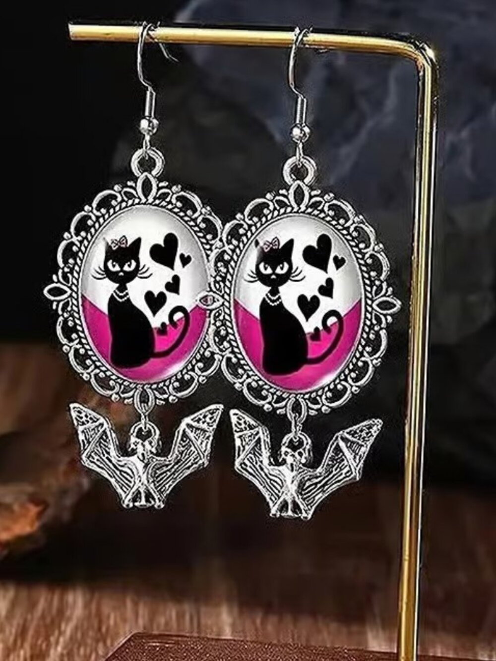 Silver HALLOWEEN Black Cat with dangling Bat Earrings